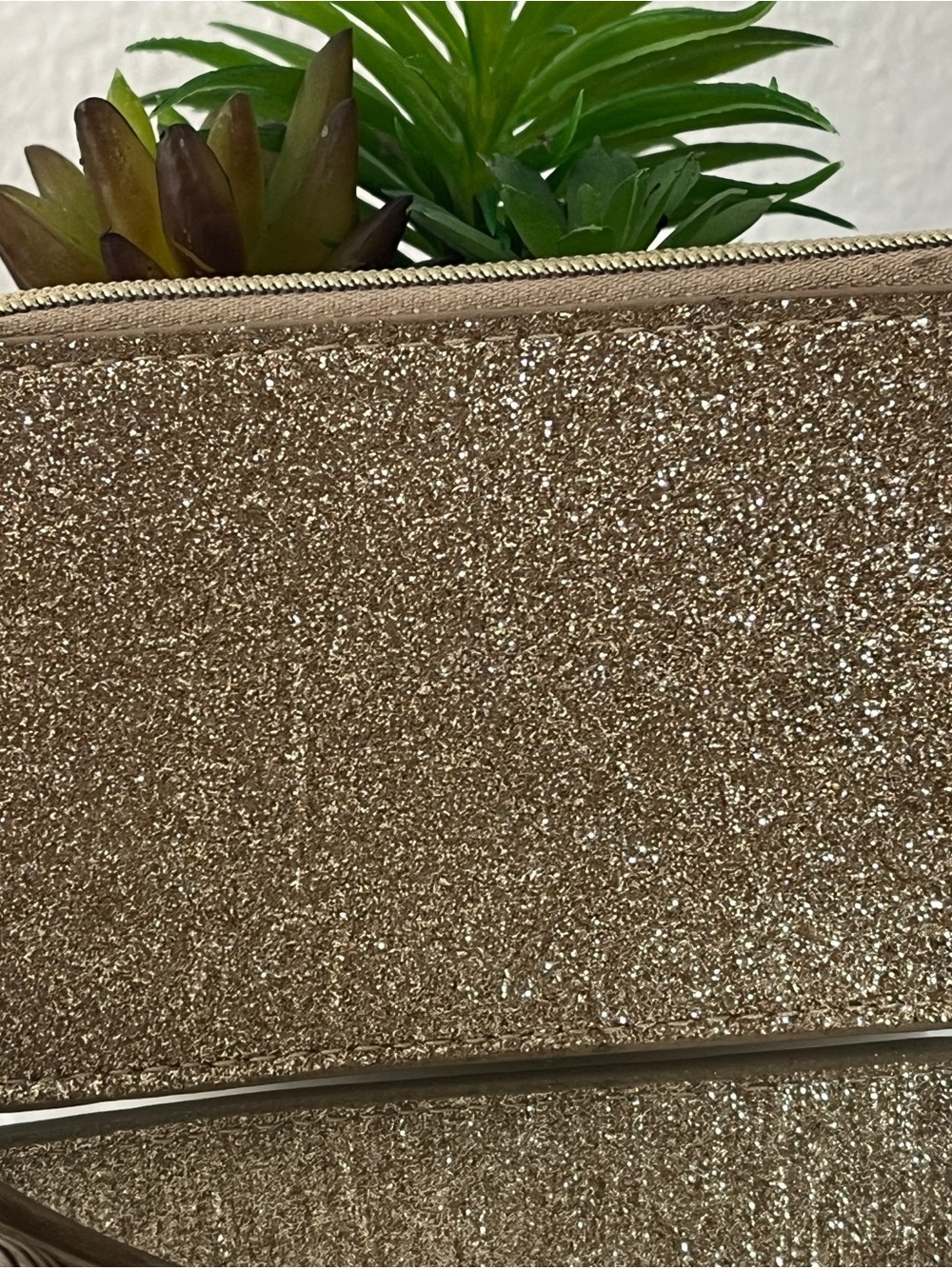 Jimmy Choo Gold Glitter Zip Pouch with Logo Plate - Picture 3 of 5